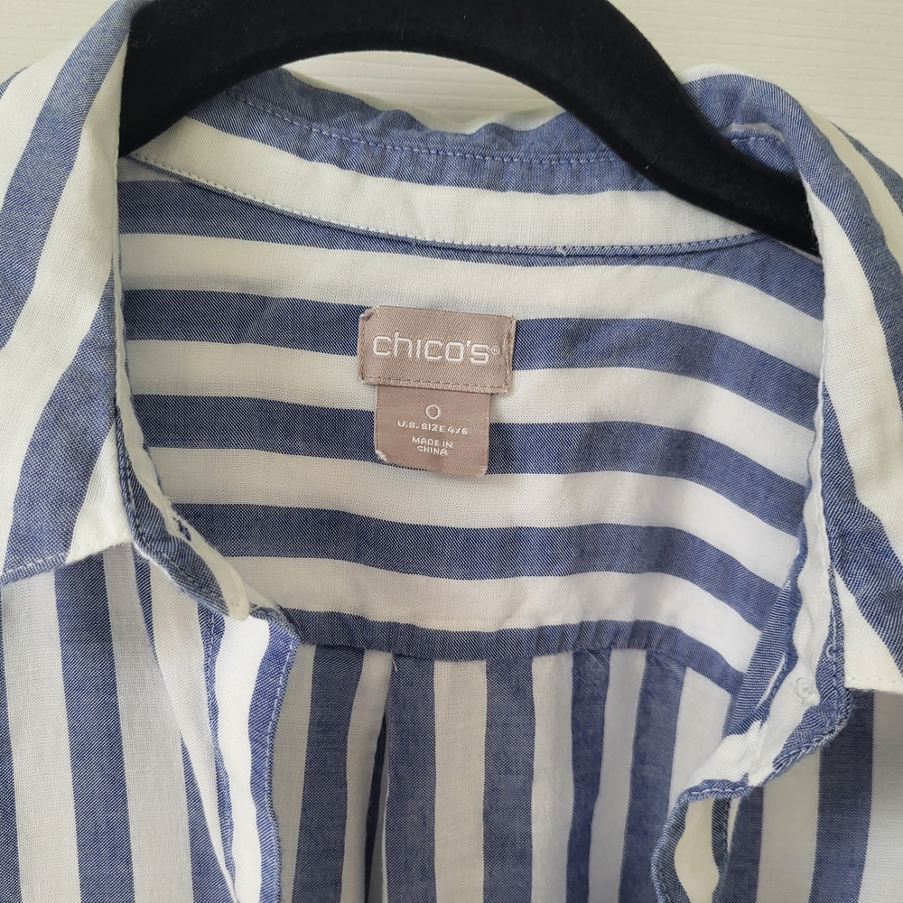 Chico's Blue and White Striped Button-Up Shirt with Pockets - Picture 2 of 4
